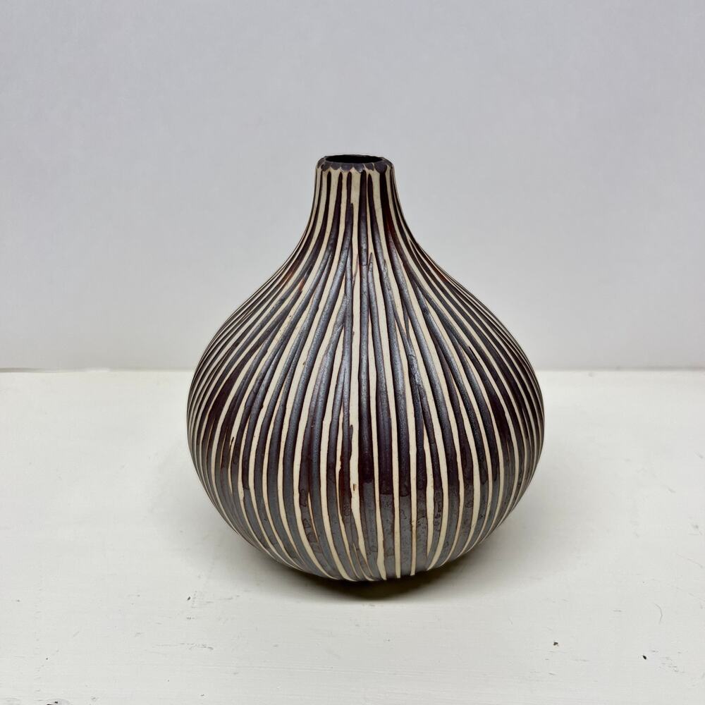 Gourd Shaped Ribbed Ceramic Stoneware Vase